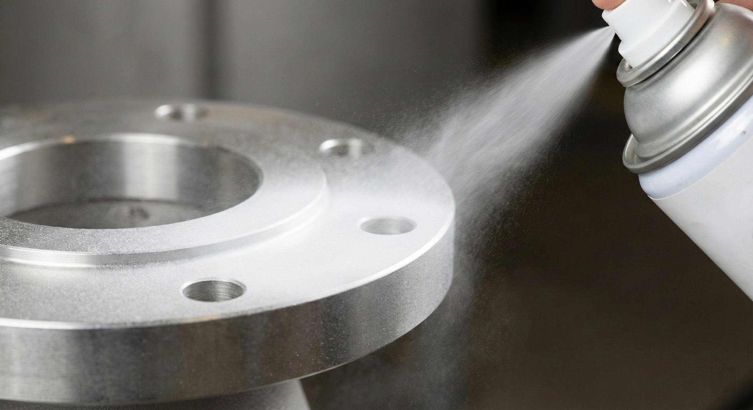 A technician applying developer spray to a stainless steel flange