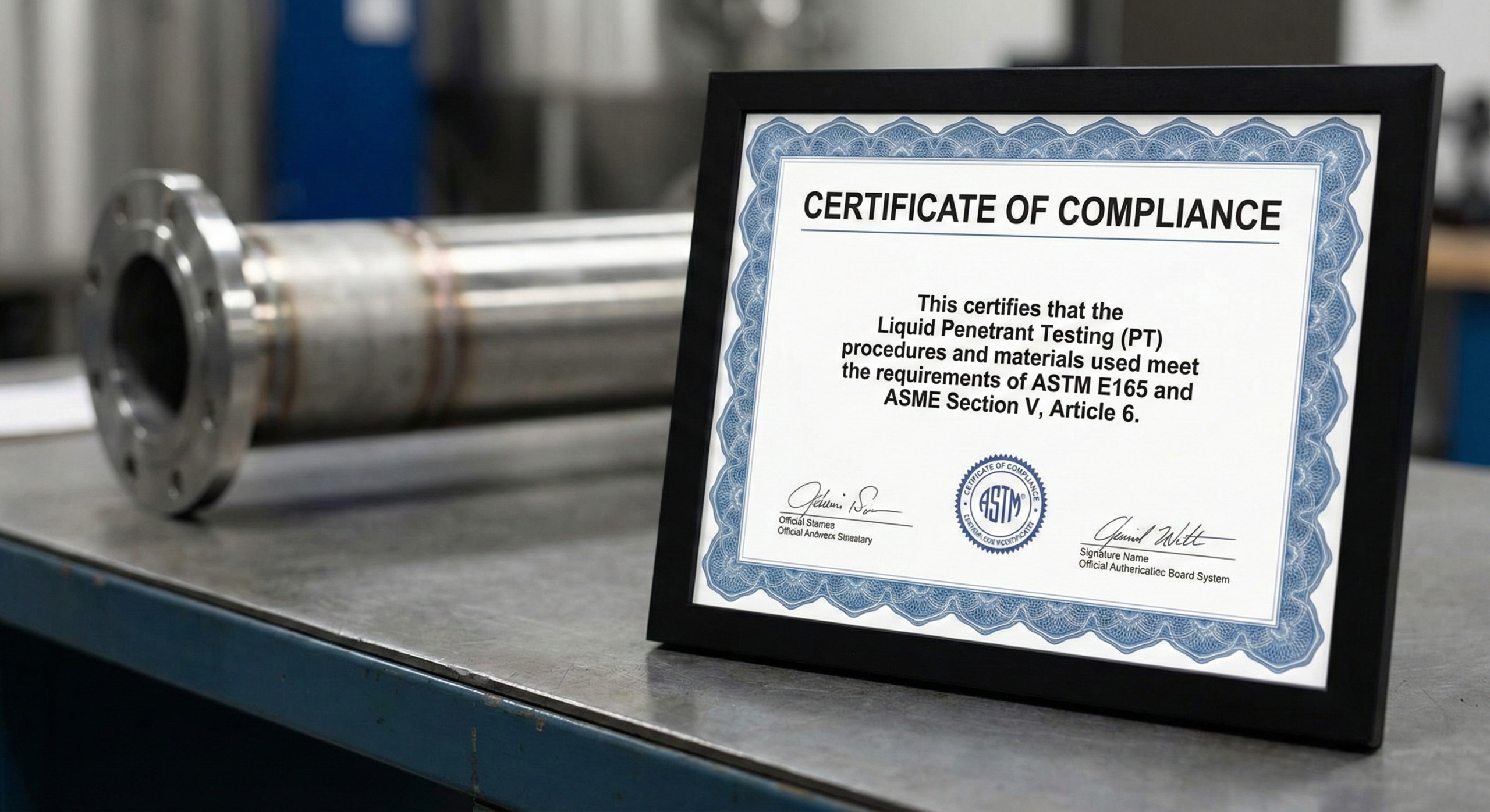 A quality certificate showing compliance with ASTM and ASME standards