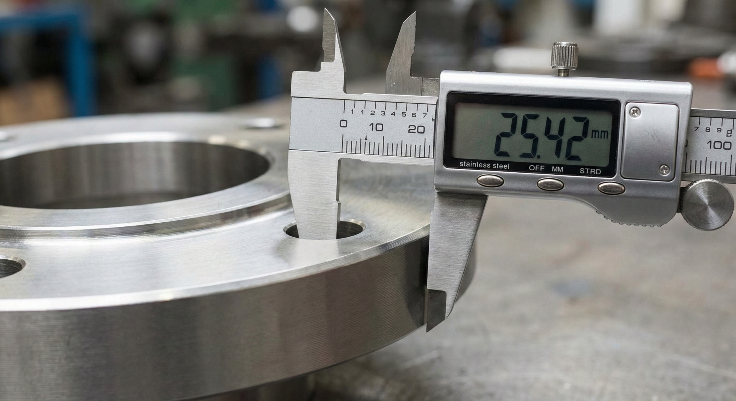 A caliper measuring the thickness of a stainless steel flange