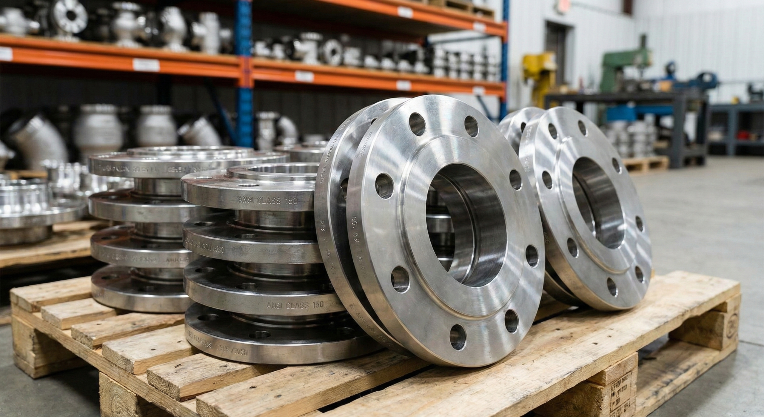 A stack of ANSI 150 flanges in a warehouse