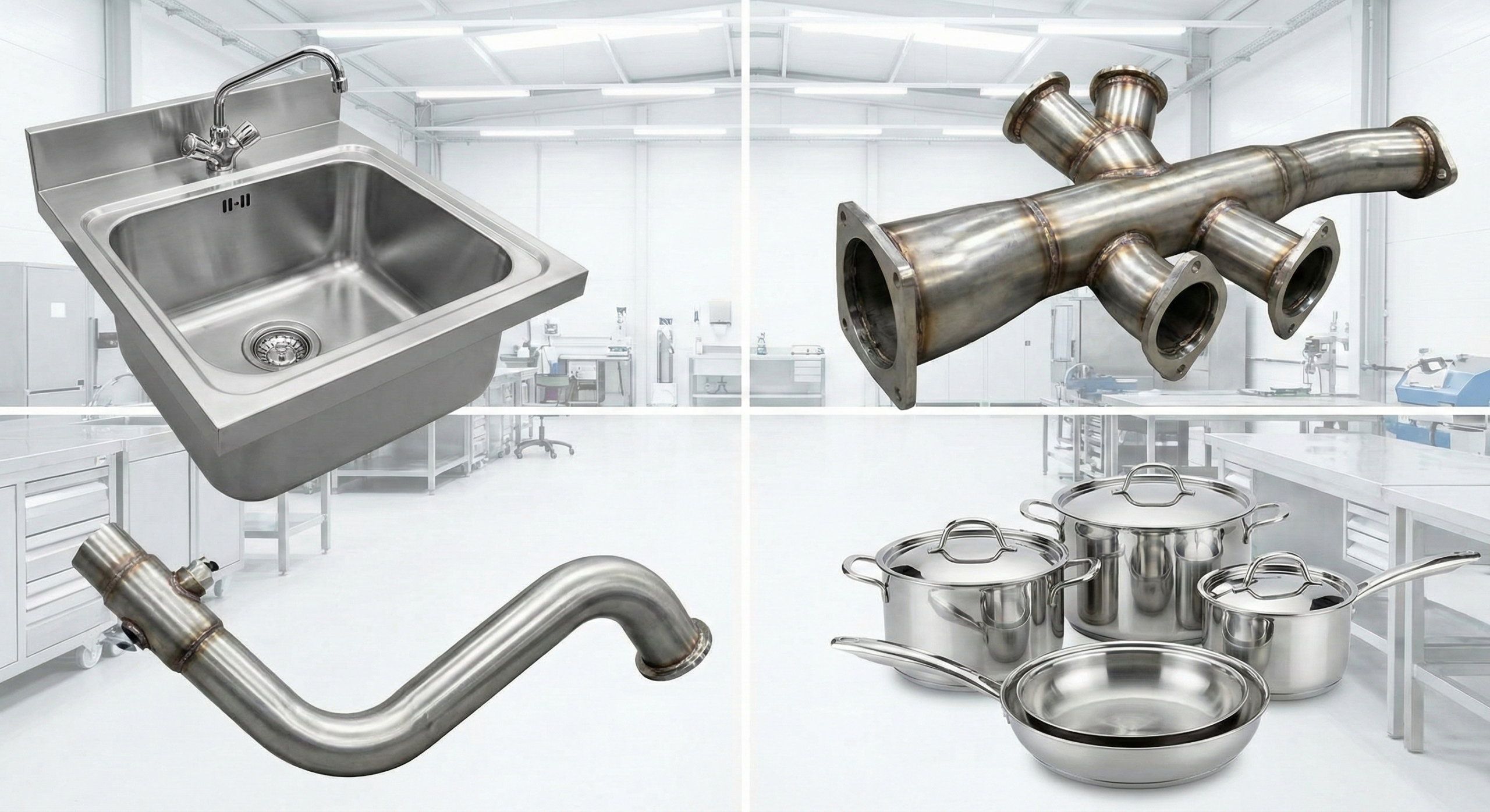 Various products made from 304 stainless steel, like kitchenware and industrial parts