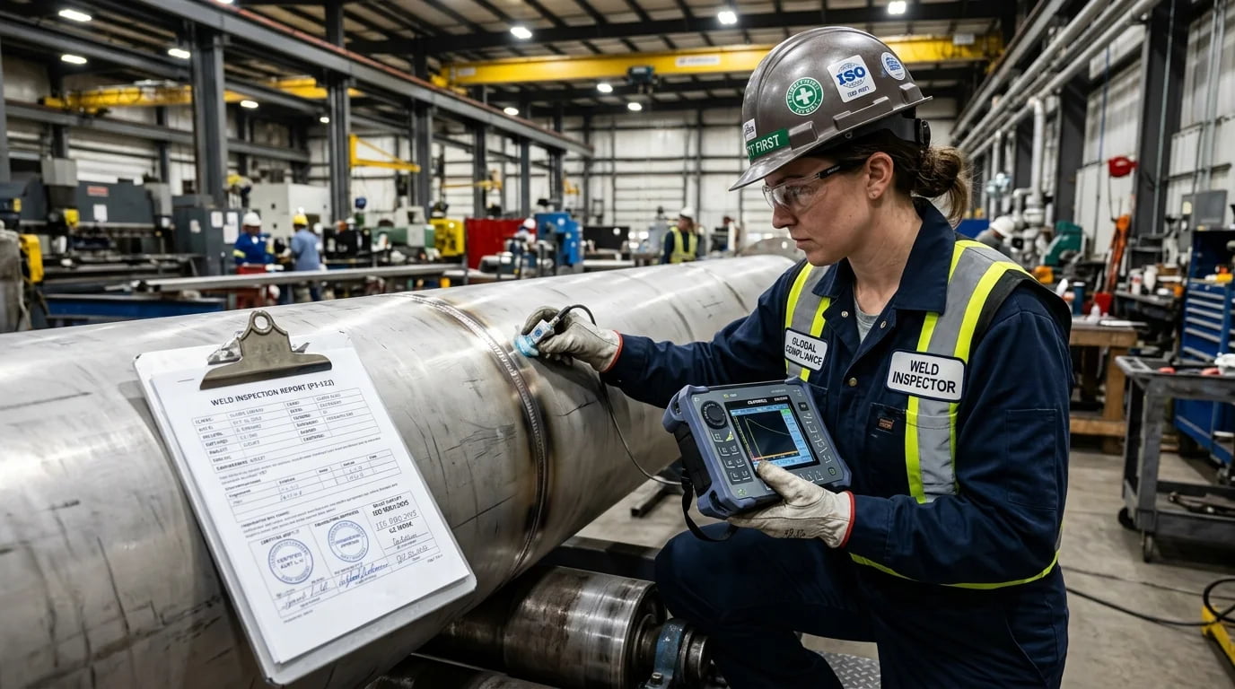An inspector examining a pipe weld with certification documents nearby