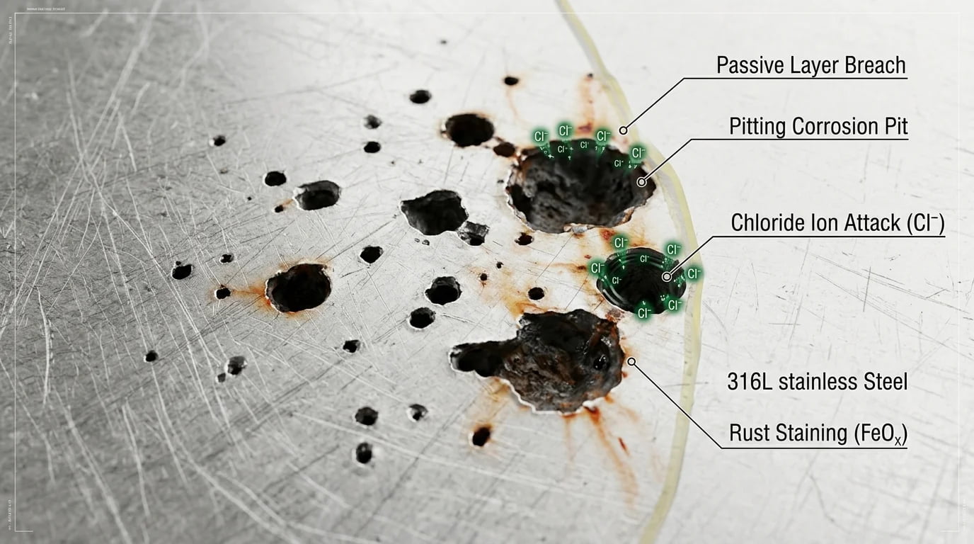 A close-up showing pitting corrosion on a stainless steel surface
