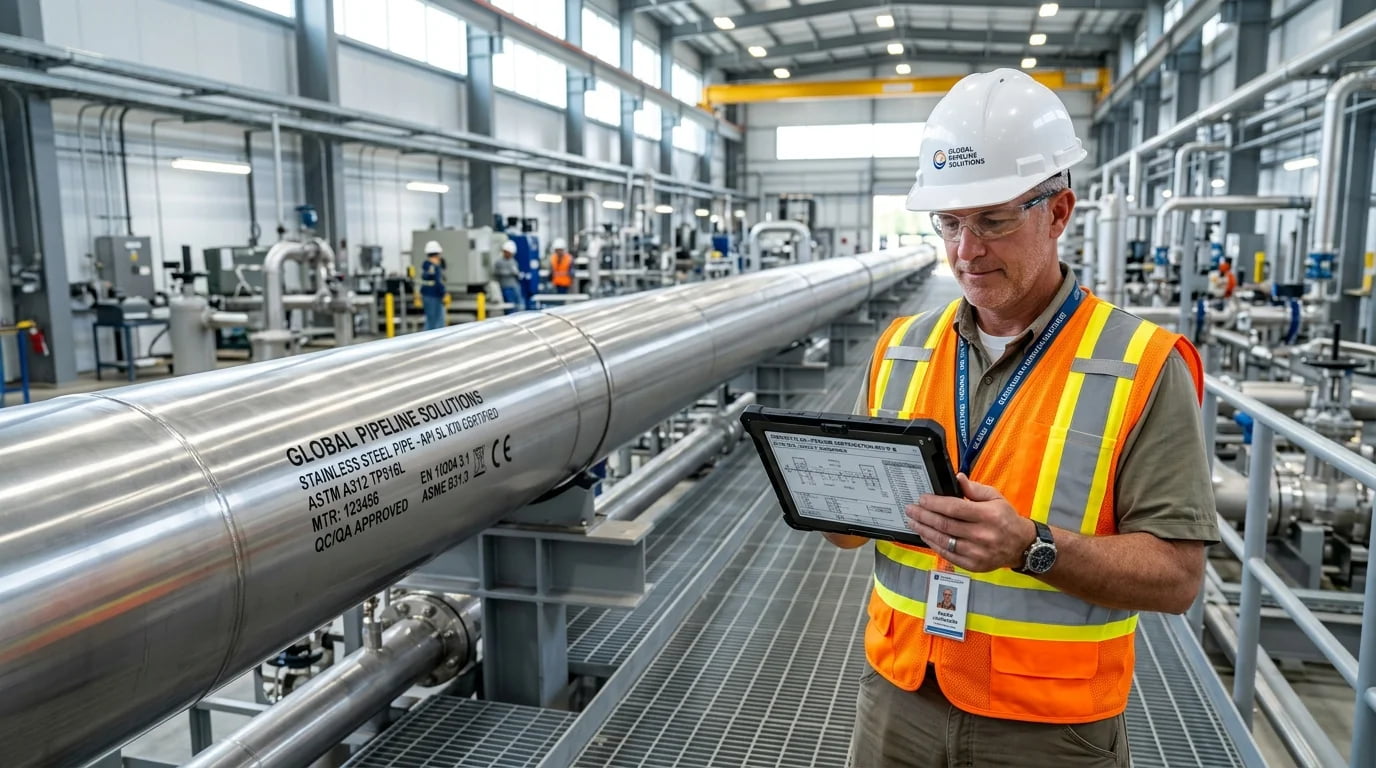 A project manager reviewing blueprints in front of a pipeline
