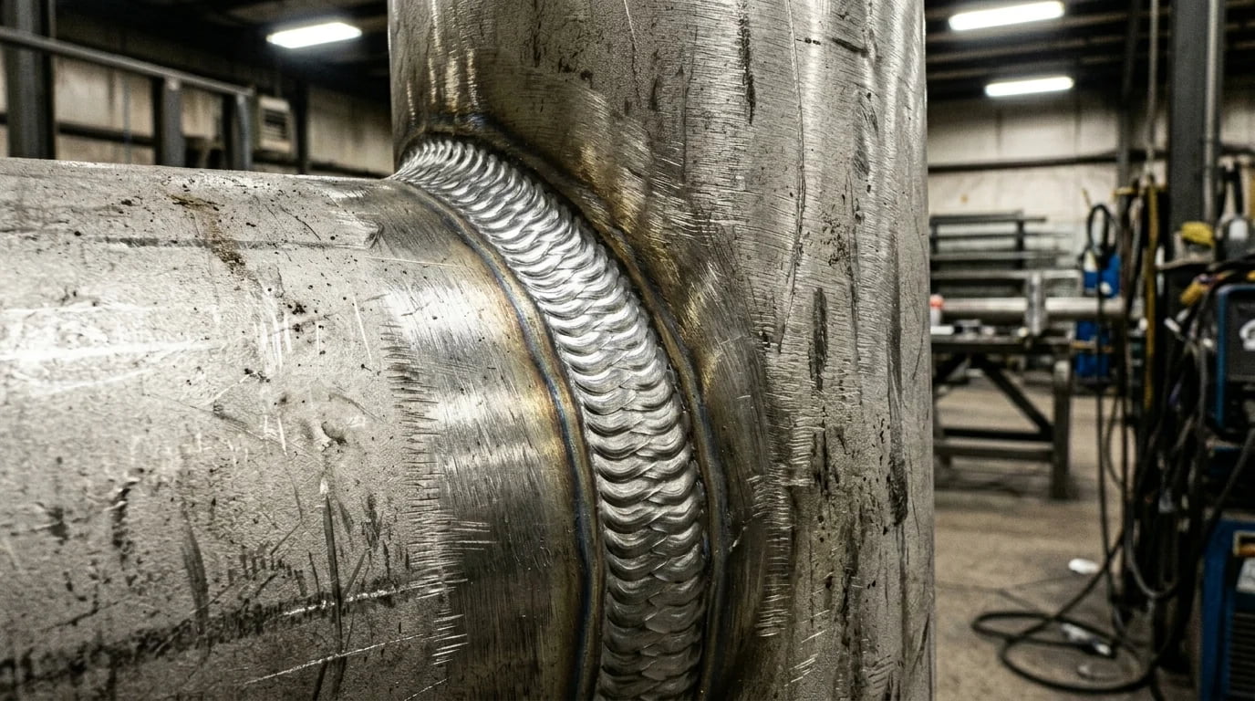 Close-up of a flawless stainless steel pipe weld